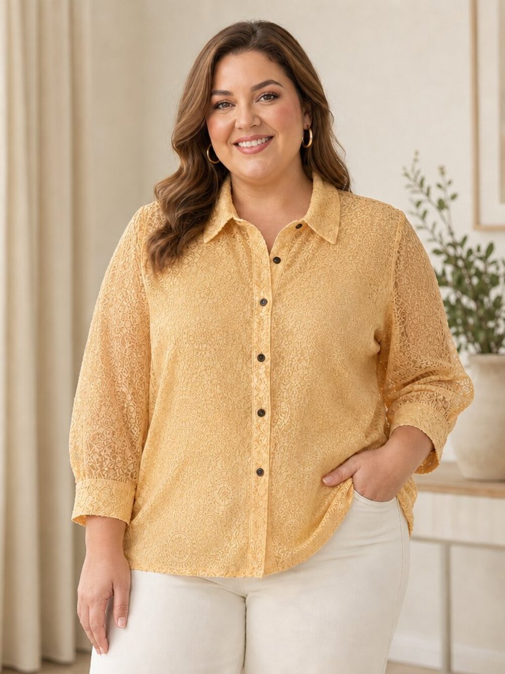 Alfred Dunner Yellow Lace Button Blouse | Size 12 | Like New